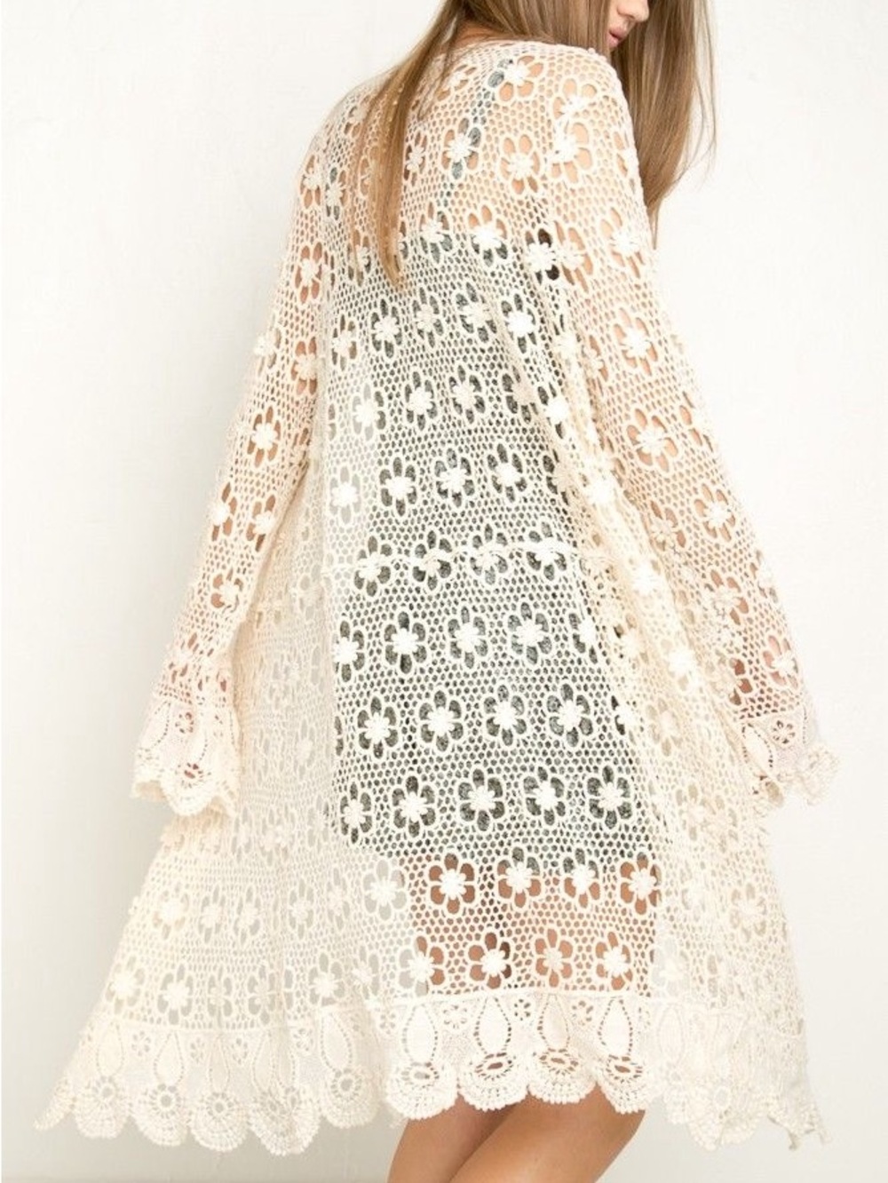 Vintage Ivory Floral Crochet Lace Duster Cardigan